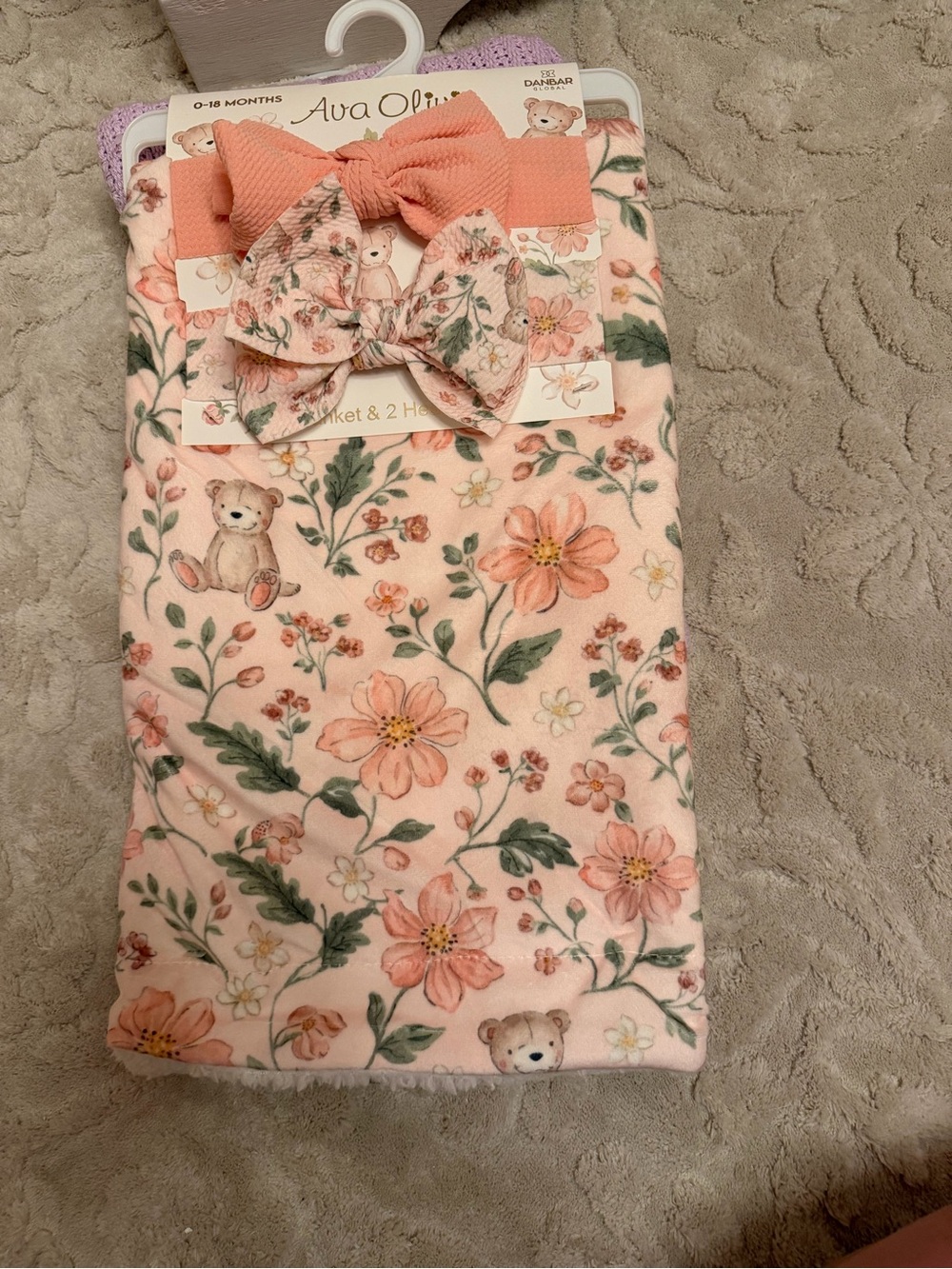 Ava + Olivia Floral Bear Pink Baby Dress Set with Bow Headbands